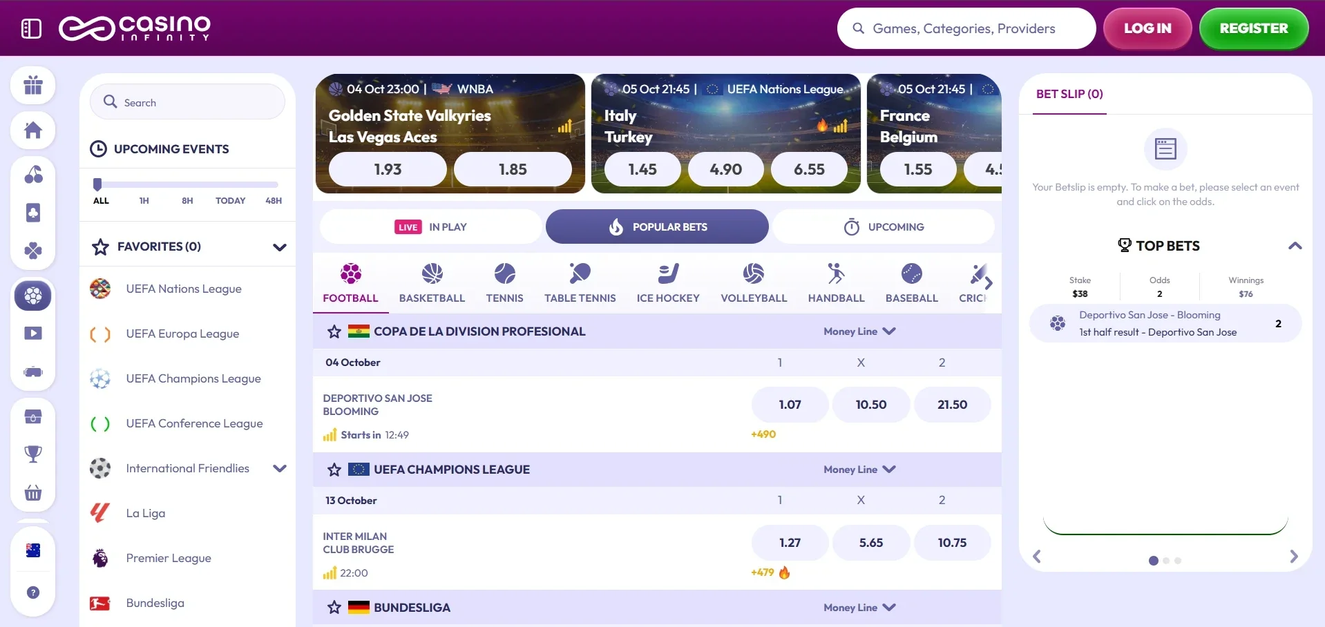Infinity casino online betting